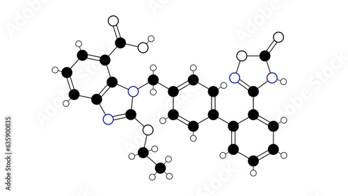 azilsartan molecule, structural chemical formula, ball-and-stick model, isolated image angiotensin ii receptor antagonist