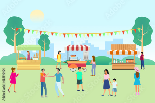 Local market or street fair flat vector illustration. Outdoor market stalls with crowd of people.