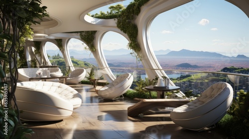 The upper and lower balconies are curved. There are plants on the balcony, and the balcony adopts vertical and straight panoramic glass. The style rendered by Unreal Engine is equipped with white furn