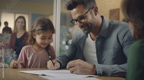 Family filling out paper work at the doctors office Father mother and child with papers. Concept of Medical forms, family healthcare, doctor's visit, administrative process, parental responsibility.