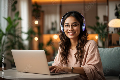 freelance woman with headphones working at home, digital nomade