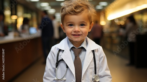 a youngster in a hospital setting with a doctor's costume and stethoscope,