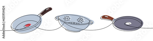 Kitchen utensils one line colored continuous drawing. Frying pan, sieve, colander continuous one line illustration.
