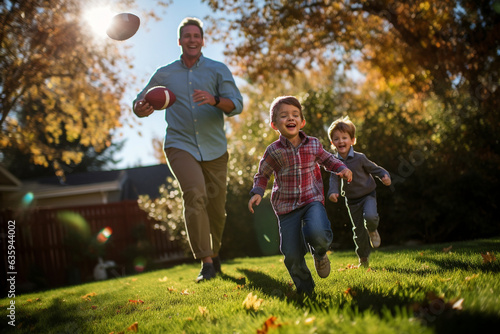 Family Playing Flag Football in the Yard, Thanksgiving, natural light, affinity, bright background Generative AI