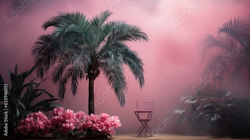  a chair sitting under a palm tree next to pink flowers. generative ai