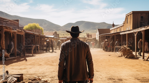 Back view of cowboy is walking, western movie scene in wild west town. Generative AI