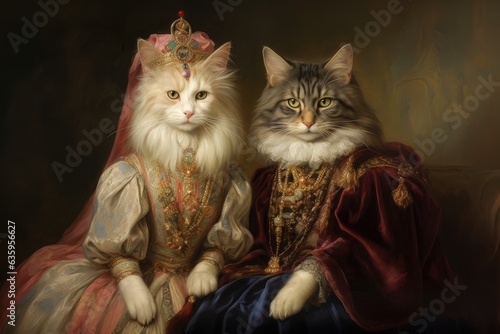 Cat, Prince, Princess, King, Queen, Animal, Couple, Portrait, Medieval, Renaissance. CAT DUKE AND DUCHESS. A bijou of a couple of noble duke cats of high aristocracy dressed up in Medieval style.