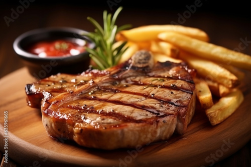 Grilled pork steak with french fries on wooden background.