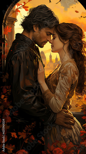 Captivating embrace of a prince and princess in exquisite medieval attire, setting the scene for a tale of passionate love