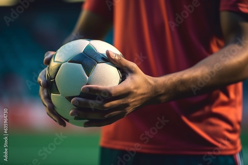 Soccer player holding soccer ball in hand with stadium background.