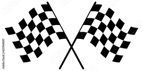 Two crossed racing flags. Formula 1 championship, isolated flags. Checkered simple flags. Vector illustration of two sport racing flags.