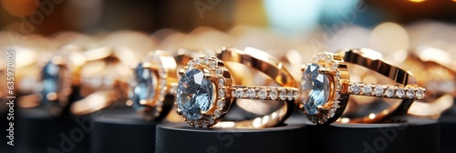 Jewelry shop. Luxury gold rings and precious stones in jewelry store.