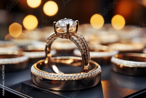 Wedding rings with diamonds on the table in a jewelry store