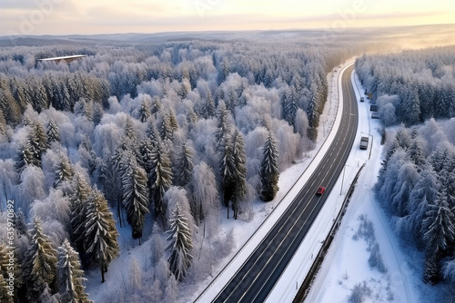 Aerial view of road with snow forest .