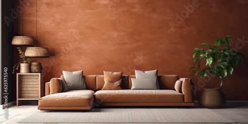 The modern living room interior has a sofa with orange wall background 