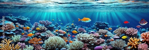 underwater coral reef landscape wide panorama background in the deep blue ocean with colorful fish and marine life . Banner