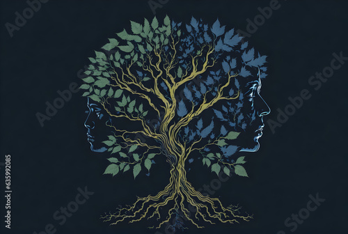 Visualize the impact of self-reflection and mindfulness on mental health. a person sitting in meditation, with an abstract tree extending from their head. Each leaf represents a mindful thought