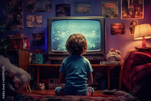 Boy playing old video game in bedroom, Boy from back playing video game on TV, Generative AI 