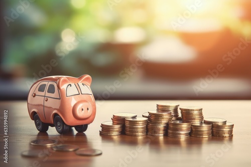 Piggy bank, miniature car and stack of coins on top of table with blurred background, car market concept, Generative AI