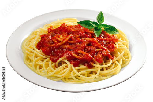 prato com espaguete ao molho de tomates frescos com manjericão isolado em fundo transparente - macarrão com molho sugo