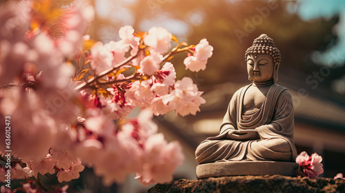 beautiful cherry blossoms around the buddha statue in springtime, sunshine on idyllic garden with cherry tree and buddha on blurred sky background with copy space.