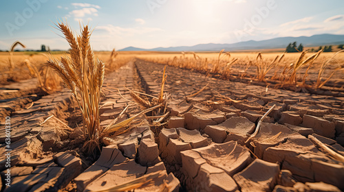 Close-up view of the cracked, dry soil in a field of wheat recently harvested in the countryside. Concept image of wasteland fertility