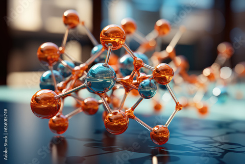 Molecule model, representing scientific concepts and research in the field of chemistry. Generative Ai.