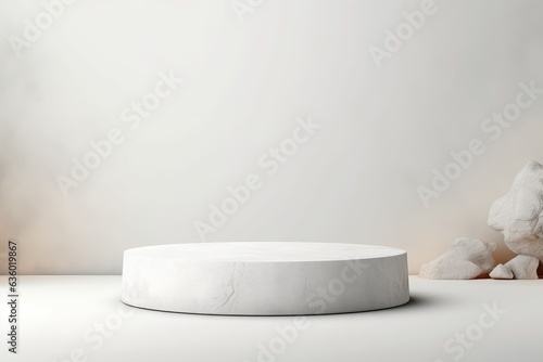 Stone piece podium in white clean room. Front view - Minimalism background for products cosmetics, food or jewellery