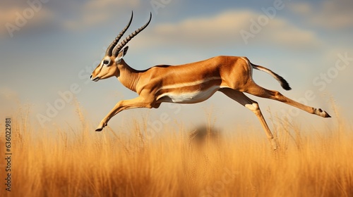  an antelope running through a field of tall grass. generative ai