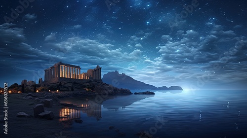 Poseidon s temple under a night sky filled with stars. silhouette concept