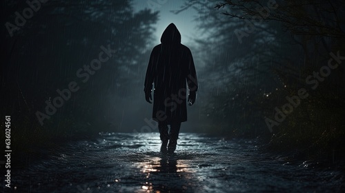 Observing a rainy country path gazing at a mysterious figure wearing a hood from behind. silhouette concept