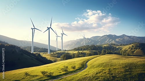 Clean and renewable energy production with wind turbines on a scenic summer mountain landscape. silhouette concept