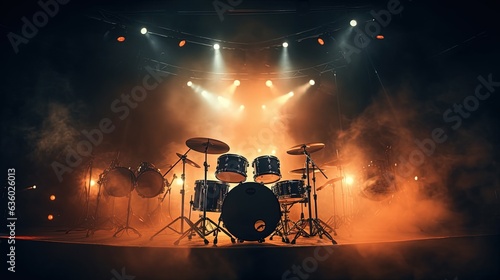 Live drum on stage with spotlights illuminating smoke music and concert background. silhouette concept