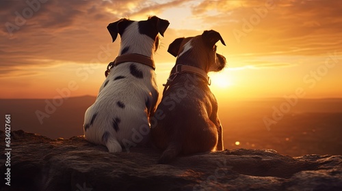 Two Jack russell dogs observe the large sun as it sets. silhouette concept