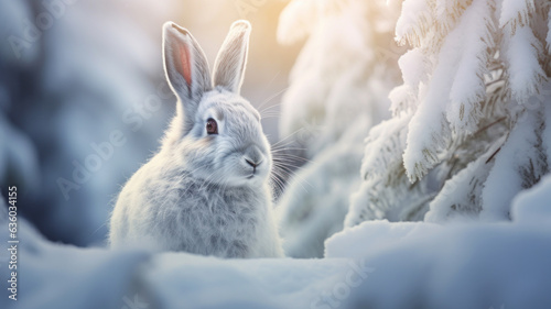 Mountain hare in white fur or pelage. Snowy winter landscape.