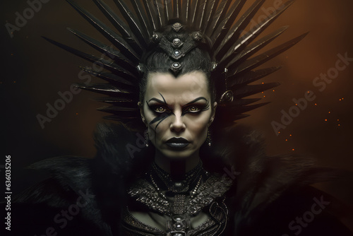  Portrait of fantasy evil queen in black dress and spiky crown