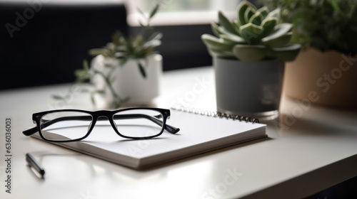 Blank notepad, laptop, glasses, coffee cup and plant on white office. Copy space for your text.