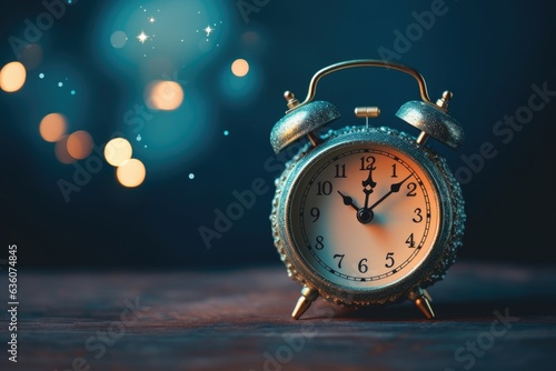 An alarm clock sitting on top of a wooden table. Digital image. Night background with lights.