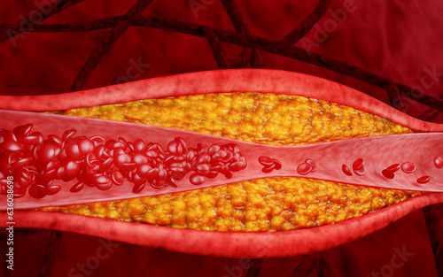 Hyperlipidemia or arteriosclerosis. Blocked artery concept and human blood vessel as a disease with cholesterol fat buildup clogging. Clogged arteries, Cholesterol plaque in the artery. 3D Rendering