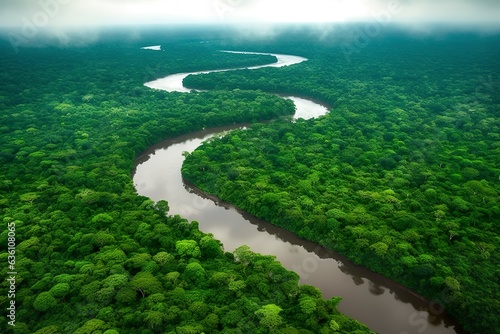 Aerial view of the Amazonas jungle landscape with river bend. 