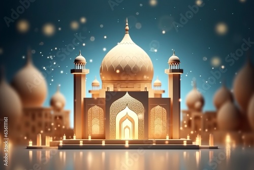 illustration of eid Mubarak night with light of a lamp, paper style, luxury happy Eid background, AI Generative