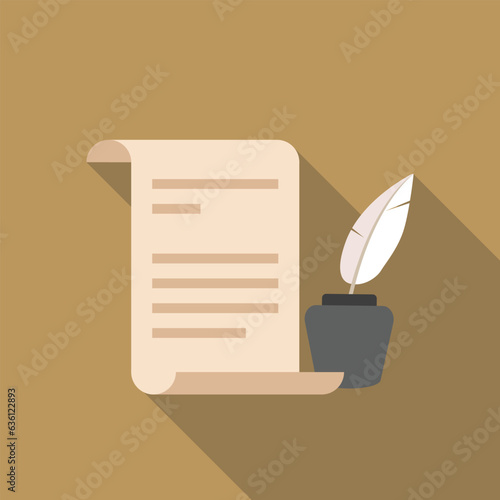History flat icon with long shadow. Simple scroll and feather quill pen ink pictogram vector illustration. School subject, literature, history concept. Logo design