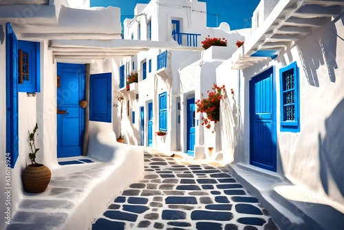 Mykonos, Greece - Traditional whitewashed street of Mykonos town with blue windows and doors on a sunny summer morning. Empty alleyway at sunrise 3d rendering