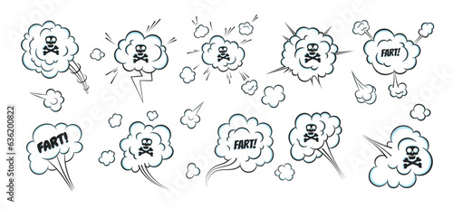 Smelling pop art comic book cartoon fart cloud flat style design vector illustration set with text and skull with crossed bones. Bad stink or toxic aroma cartoon smoke cloud.