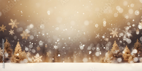 Christmas background with snowflakes in winter landscape with snow, lights bokeh blurred background, AI generate