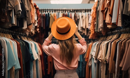 Beautiful young woman in hat looking at the clothing in the store.