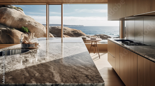 Kitchen interior background with beautiful nature view and warm lighting. Minimal style with a touch of natural material, textures of marble and wood in a relaxed atmosphere, lifestyle living concept