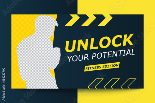 Editable Fitness gym and workout video thumbnail and YouTube cover template, web banner vector concept, trendy design, modern look, fitness challenges