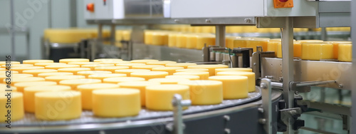 Round cheese in the food industry is clean and fresh. Cheese on an automated conveyor belt. Cheese in production. Banner. Generative AI