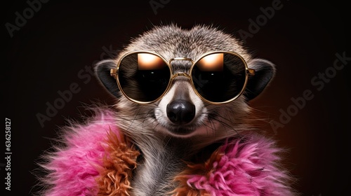 A sassy meerkat wearing a feather boa and sunglasses, strutting its stuff with confidence. Animal card. Generative AI. 